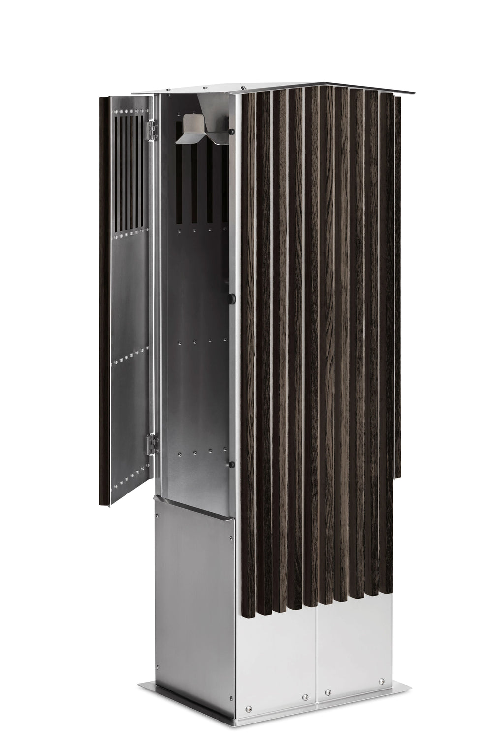 Twin ladestander i mørk eg med lodrette trælameller og rustfrit stål – elegant og robust ladestander til to elbiler.