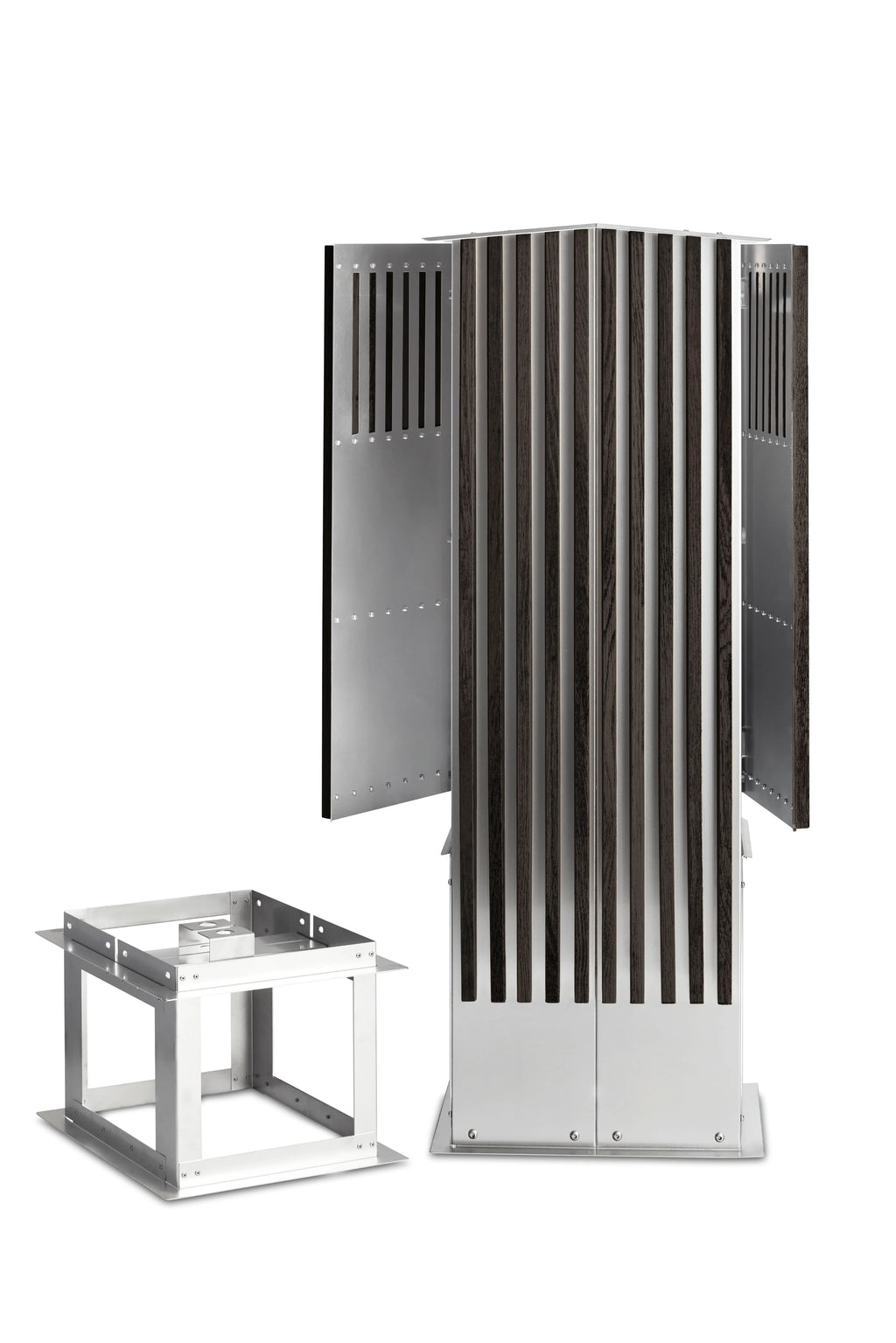 Twin ladestander i Mørk eg med lodrette trælameller og rustfrit stål – elegant og robust ladestander til to elbiler.