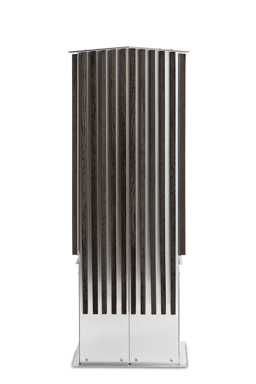 Twin ladestander i mørk eg med lodrette trælameller og rustfrit stål – elegant og robust ladestander til to elbiler.