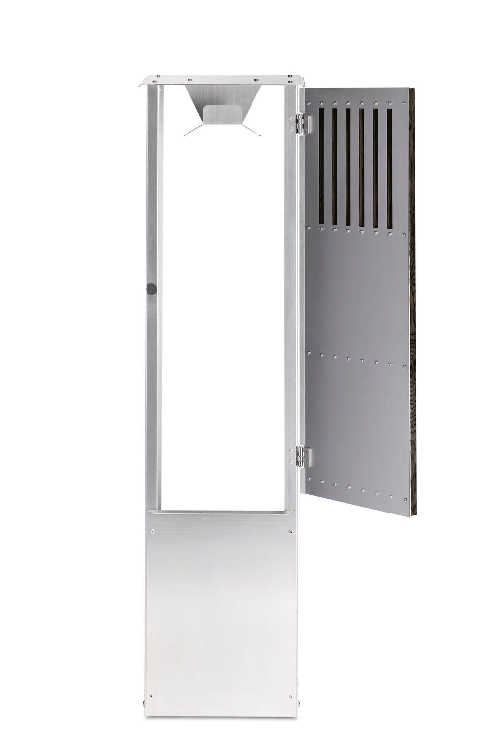 Ladestander i mørk eg med lodrette trælameller og rustfrit stål – elegant og robust ladestander til elbil.