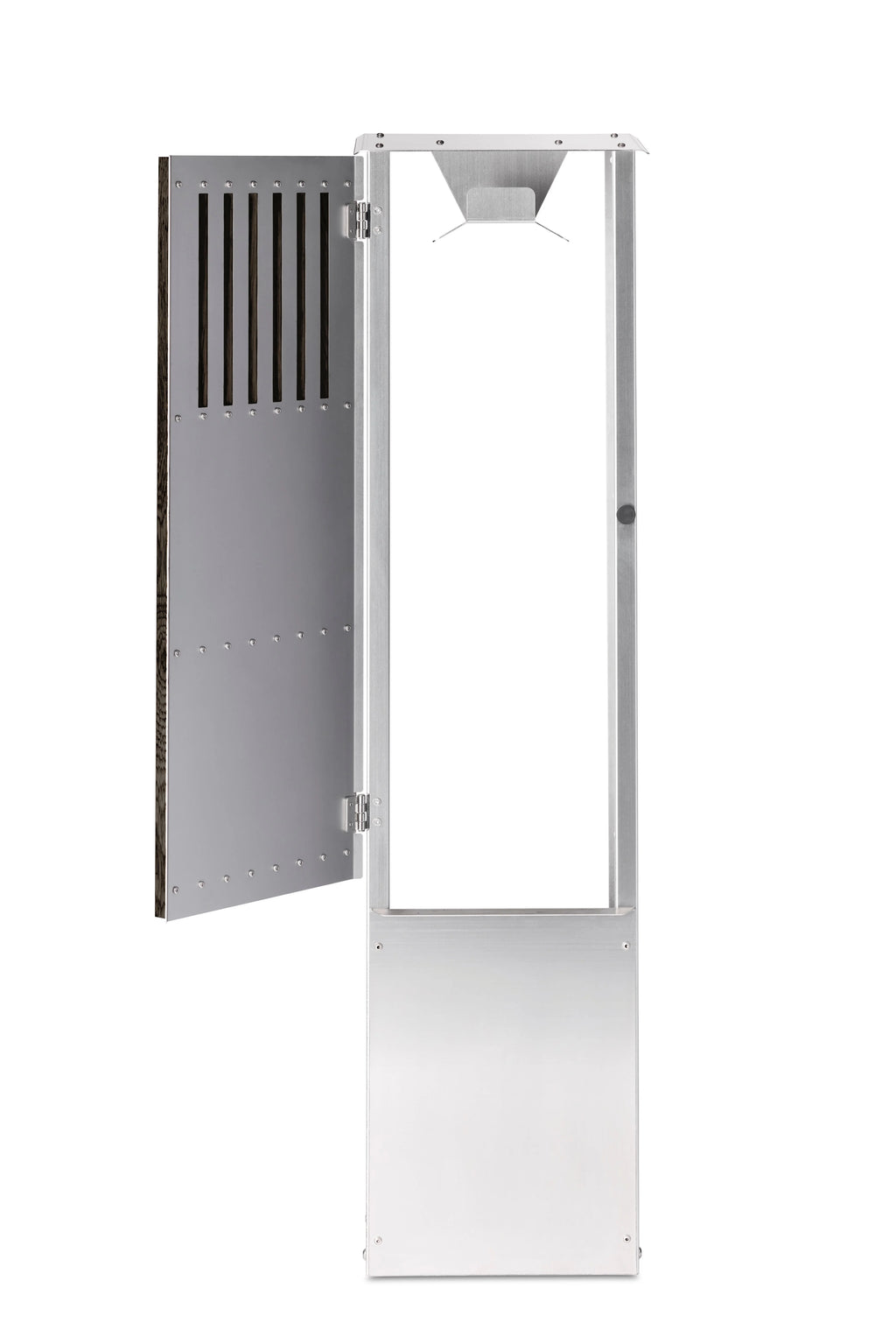 Ladestander i mørk eg med lodrette trælameller og rustfrit stål – elegant og robust ladestander til elbil.