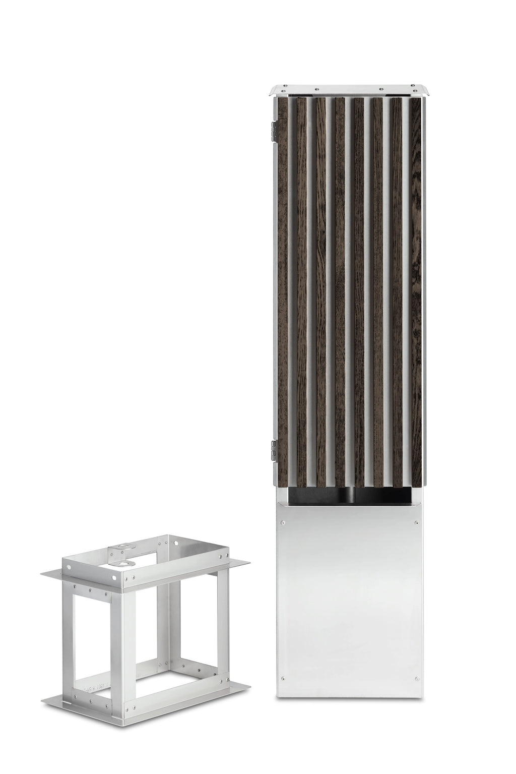 Ladestander i mørk eg med lodrette trælameller og rustfrit stål – elegant og robust ladestander til elbil.