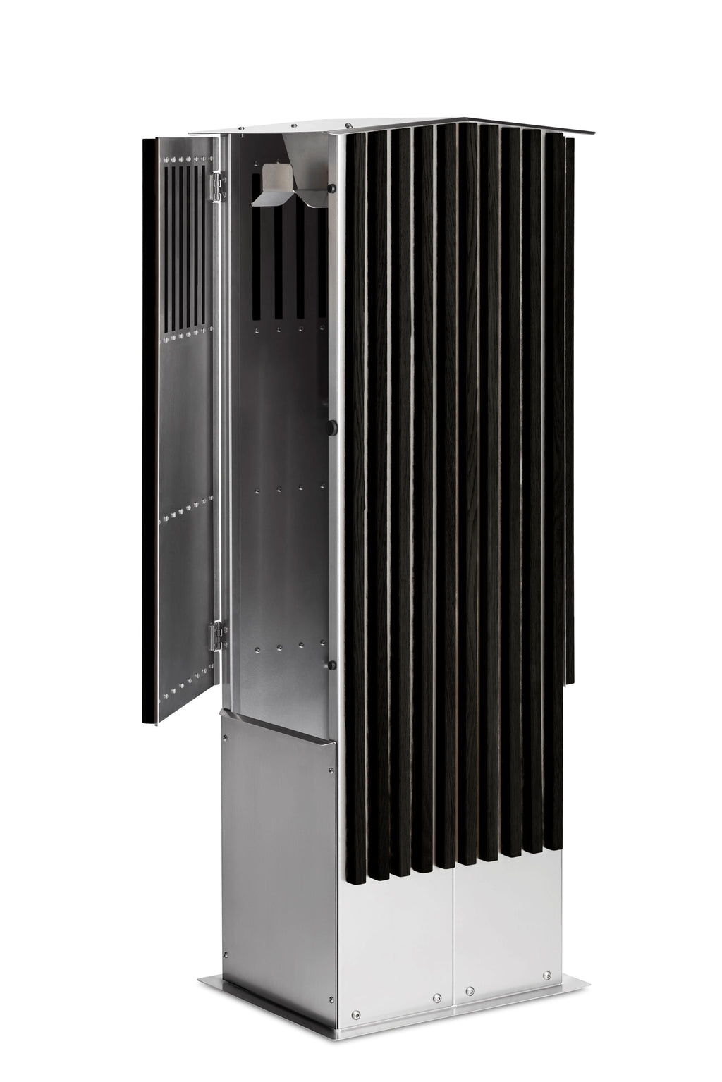 Twin ladestander i sort eg med lodrette trælameller og rustfrit stål – elegant og robust ladestander til to elbiler.