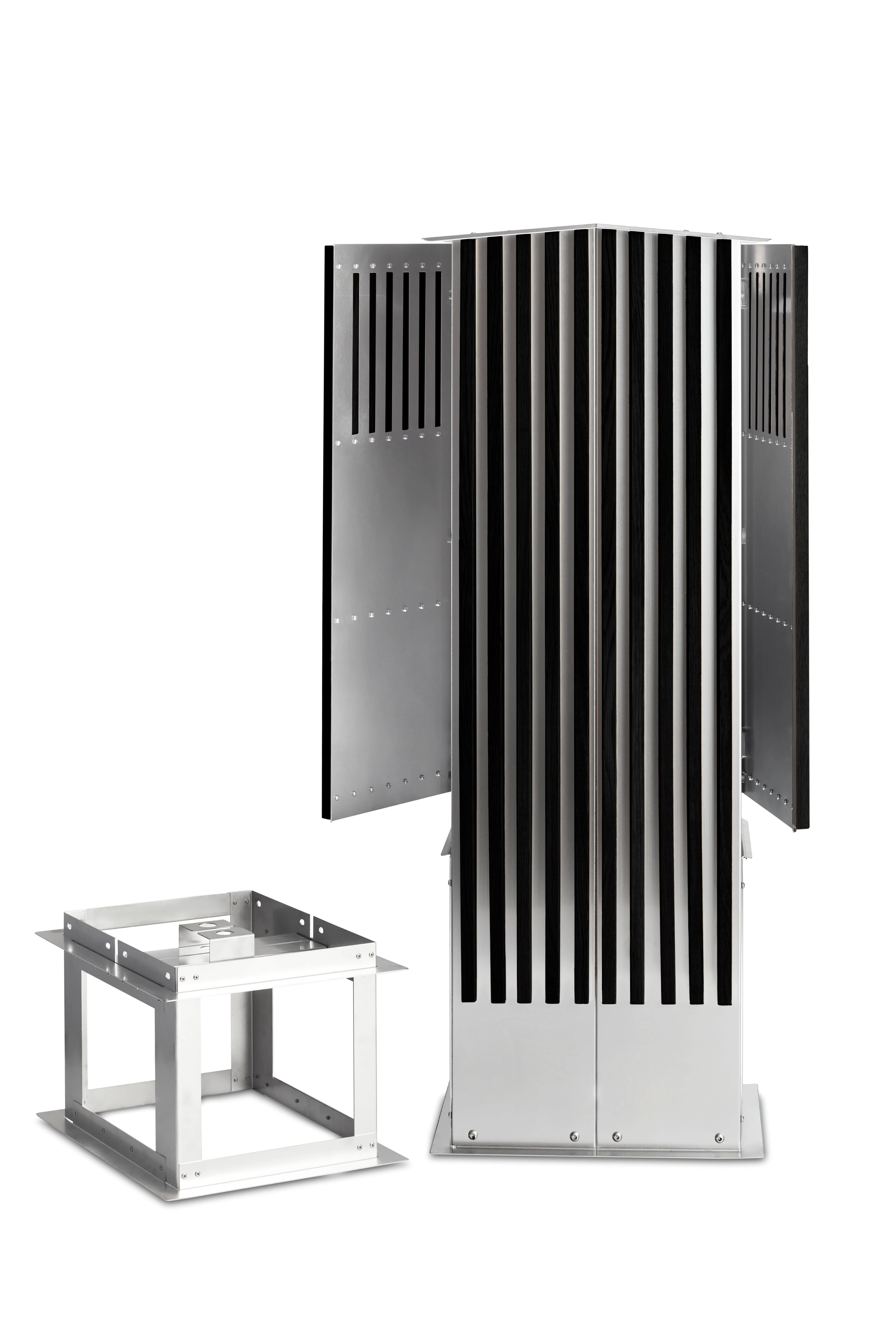 Twin ladestander i sort eg med lodrette trælameller og rustfrit stål – elegant og robust ladestander til to elbiler.