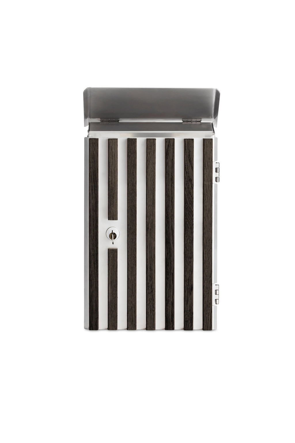 Moderne design postkasse i mørk eg med lodrette trælameller rustfrit stål til husets facade.